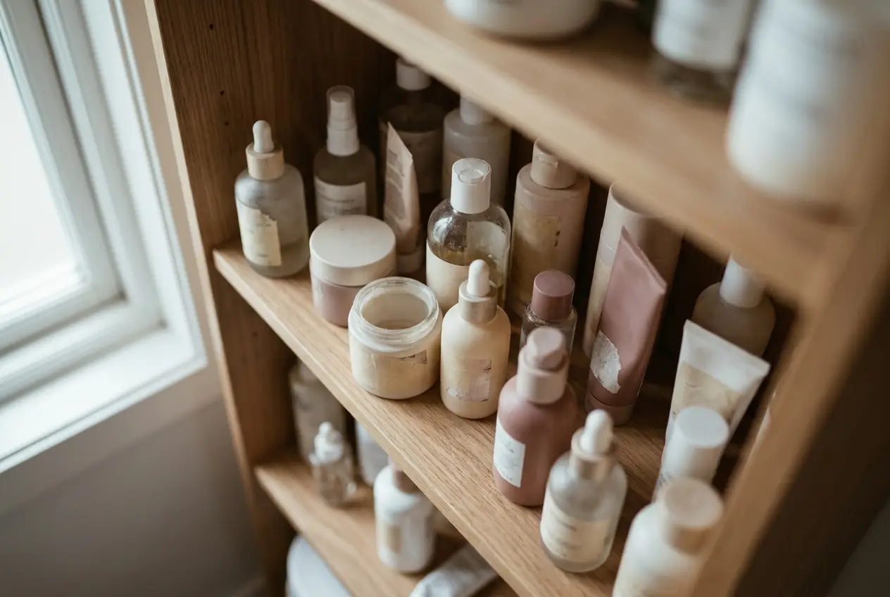 A bathroom shelf crowded with half-used skincare bottles and jars