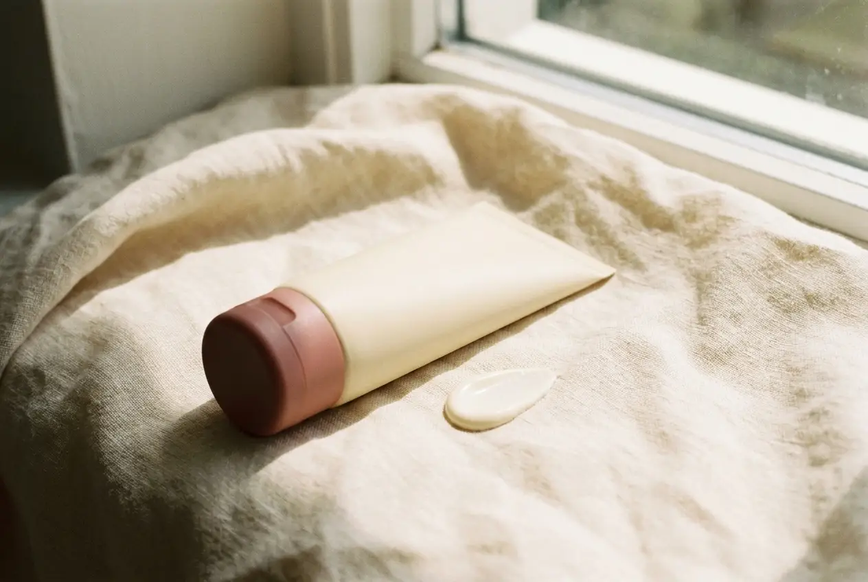 An SPF tube with a small swatch of sunscreen on cream linen