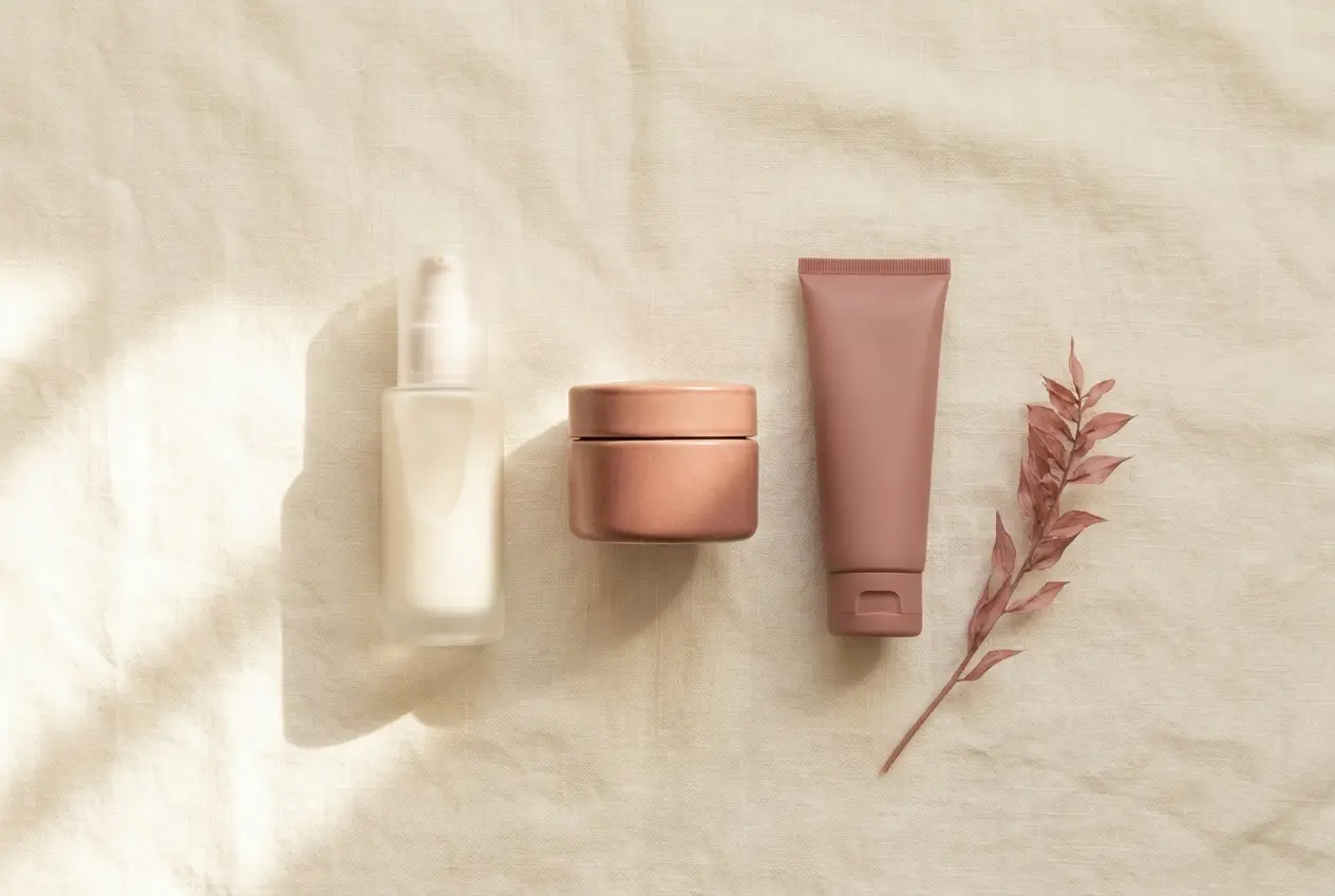 A cleanser, a moisturizer, and an SPF laid out on warm cream linen
