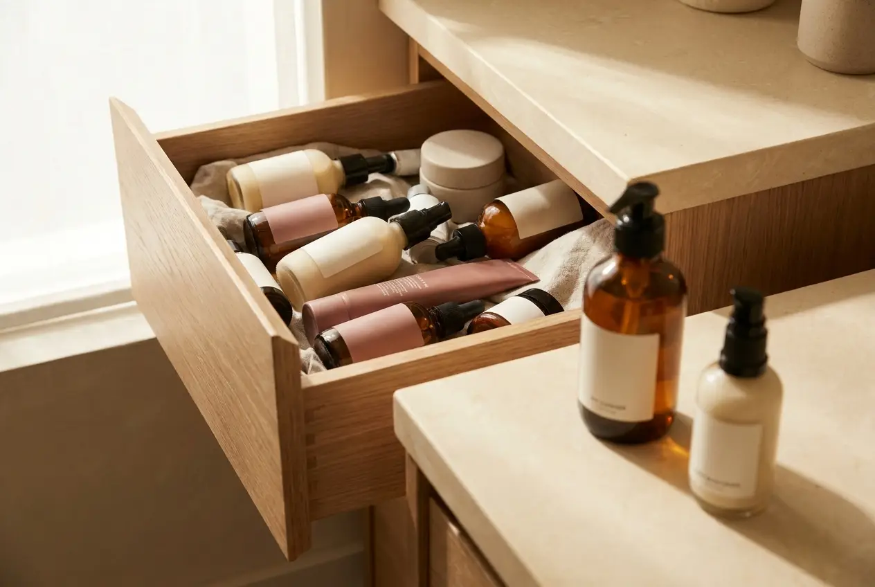 An open drawer of skincare bottles with two products kept out on the counter