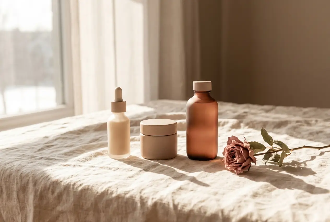 Three simple skincare products in soft window light with a dried rose