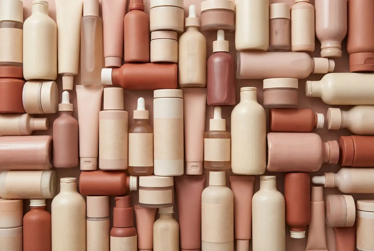 A dense wall of many different skincare products packed together