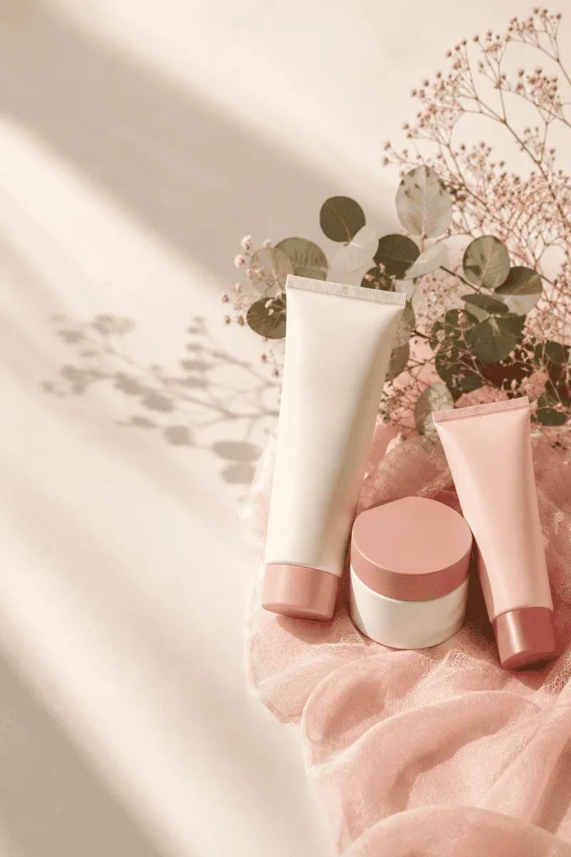Skincare products with natural ingredients on soft pink fabric with floral accents.