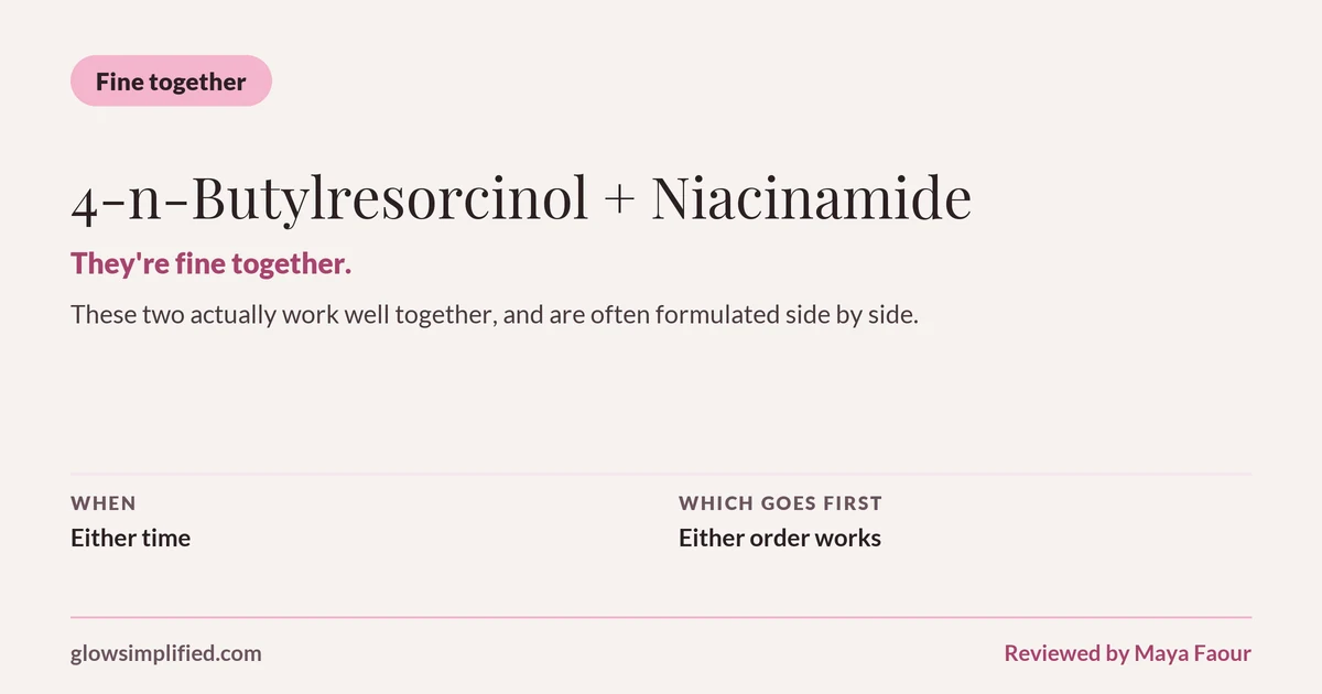 4-n-Butylresorcinol and Niacinamide: Fine together. They're fine together. These two actually work well together, and are often formulated side by side. Which goes first: Either order works.
