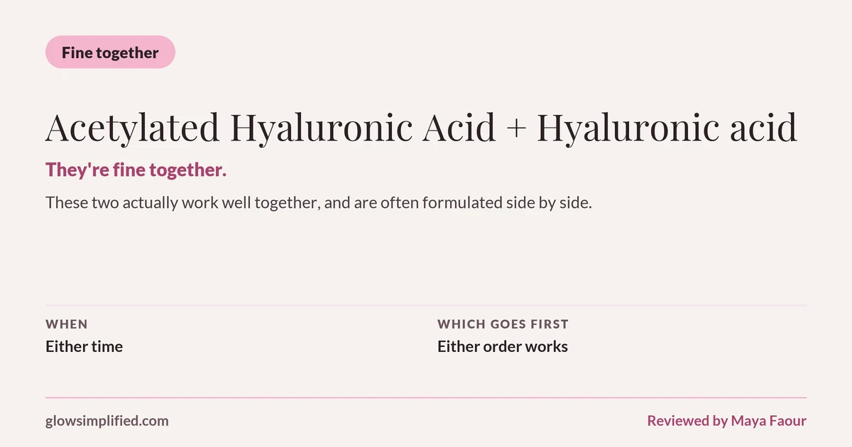 Acetylated Hyaluronic Acid and Hyaluronic acid: Fine together. They're fine together. These two actually work well together, and are often formulated side by side. Which goes first: Either order works.