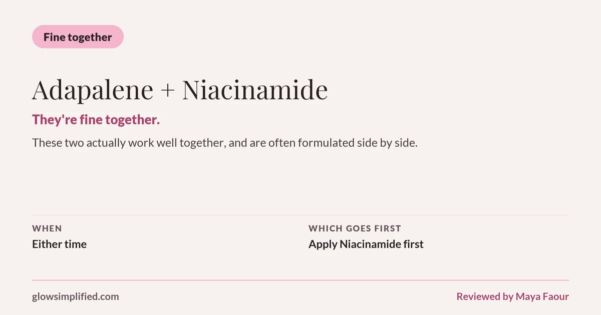 Adapalene and Niacinamide: Fine together. They're fine together. These two actually work well together, and are often formulated side by side. Which goes first: Apply Niacinamide first.