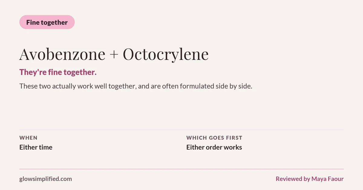 Avobenzone and Octocrylene: Fine together. They're fine together. These two actually work well together, and are often formulated side by side. Which goes first: Either order works.