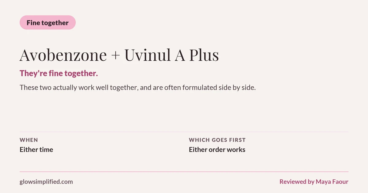 Avobenzone and Uvinul A Plus: Fine together. They're fine together. These two actually work well together, and are often formulated side by side. Which goes first: Either order works.