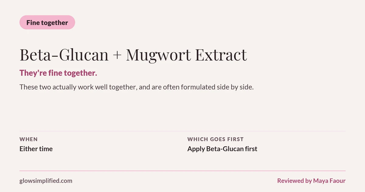 Beta-Glucan and Mugwort Extract: Fine together. They're fine together. These two actually work well together, and are often formulated side by side. Which goes first: Apply Beta-Glucan first.