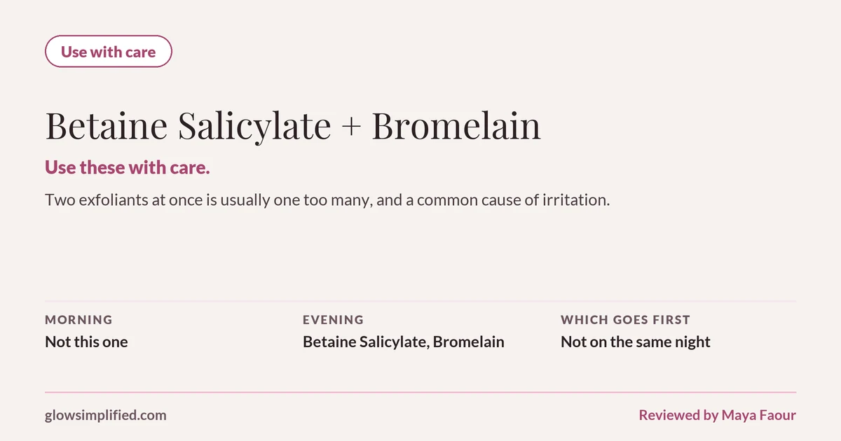 Betaine Salicylate and Bromelain: Use with care. Use these with care. Two exfoliants at once is usually one too many, and a common cause of irritation. Which goes first: Not on the same night.