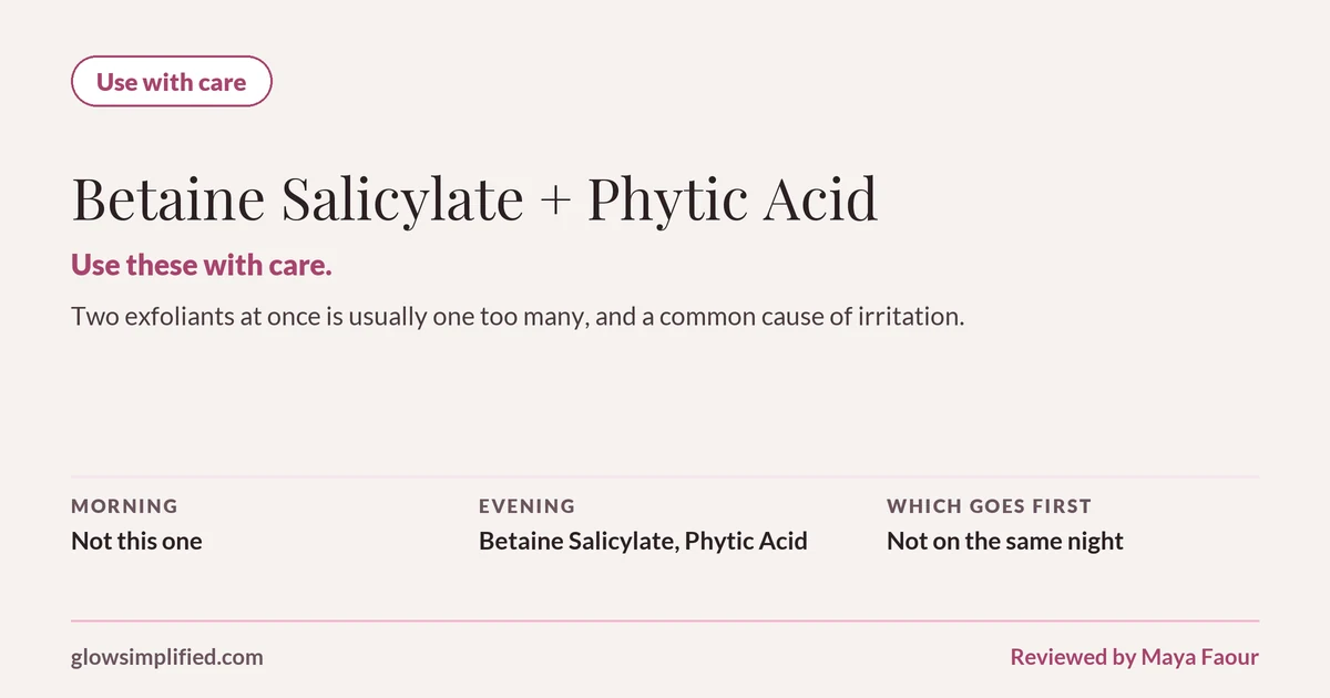 Betaine Salicylate and Phytic Acid: Use with care. Use these with care. Two exfoliants at once is usually one too many, and a common cause of irritation. Which goes first: Not on the same night.