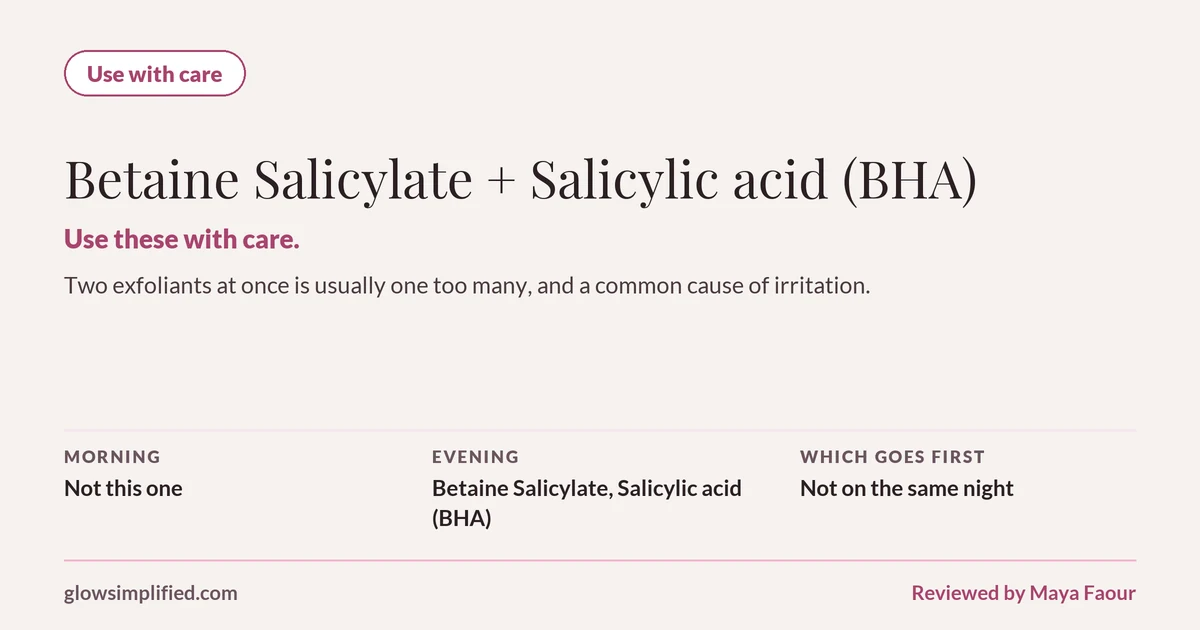 Betaine Salicylate and Salicylic acid (BHA): Use with care. Use these with care. Two exfoliants at once is usually one too many, and a common cause of irritation. Which goes first: Not on the same night.