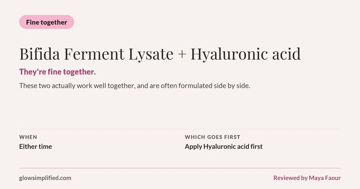 Bifida Ferment Lysate and Hyaluronic acid: Fine together. They're fine together. These two actually work well together, and are often formulated side by side. Which goes first: Apply Hyaluronic acid first.