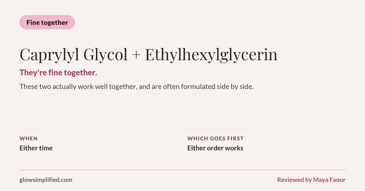 Caprylyl Glycol and Ethylhexylglycerin: Fine together. They're fine together. These two actually work well together, and are often formulated side by side. Which goes first: Either order works.