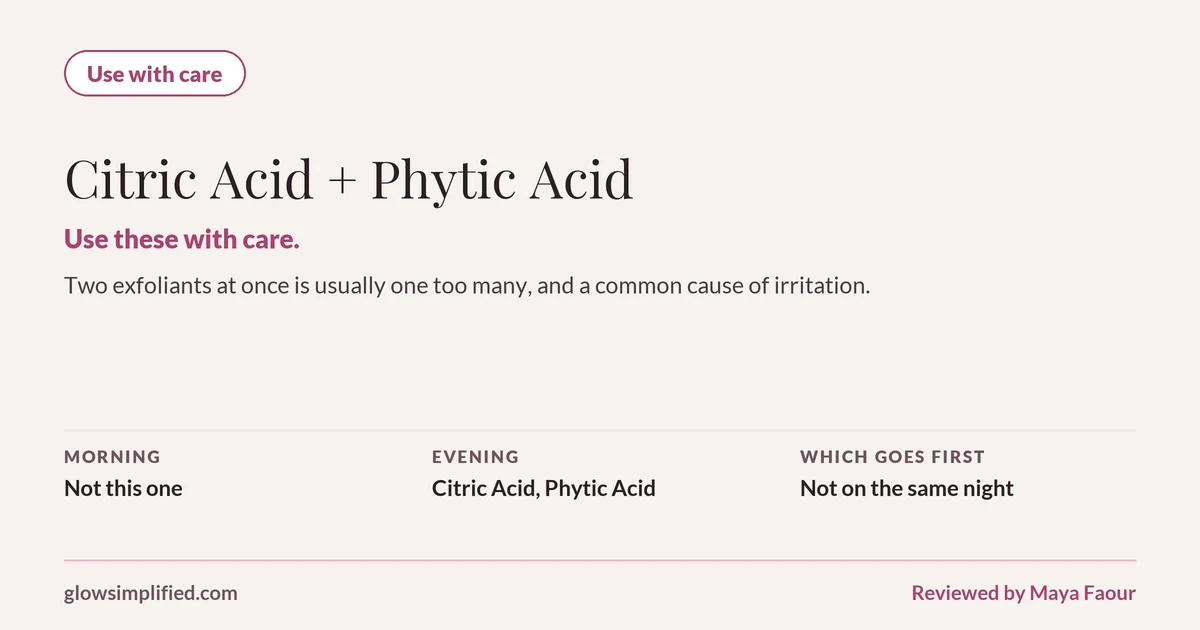 Citric Acid and Phytic Acid: Use with care. Use these with care. Two exfoliants at once is usually one too many, and a common cause of irritation. Which goes first: Not on the same night.