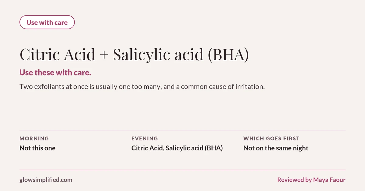 Citric Acid and Salicylic acid (BHA): Use with care. Use these with care. Two exfoliants at once is usually one too many, and a common cause of irritation. Which goes first: Not on the same night.