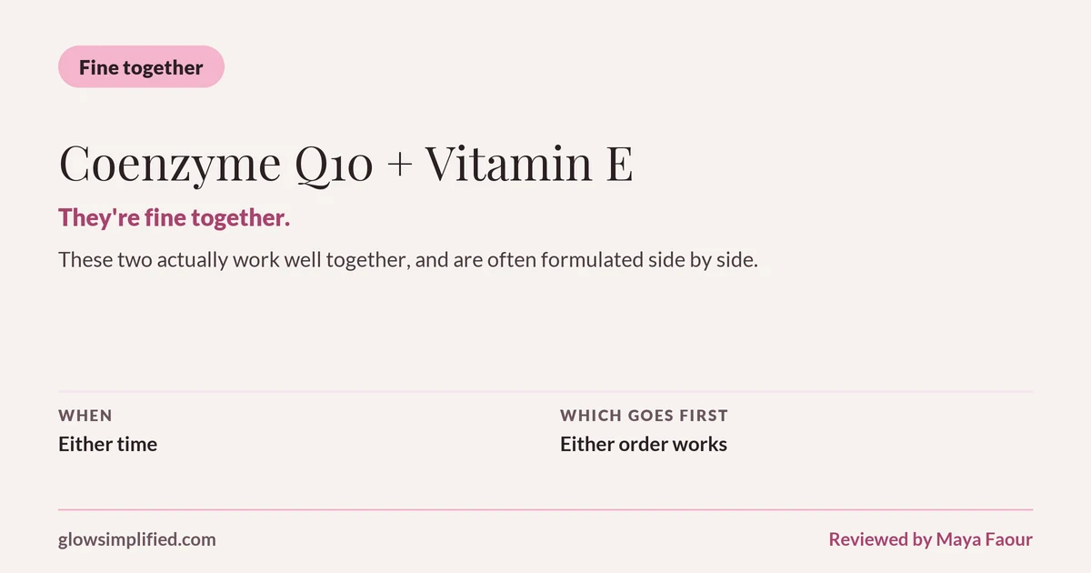 Coenzyme Q10 and Vitamin E: Fine together. They're fine together. These two actually work well together, and are often formulated side by side. Which goes first: Either order works.