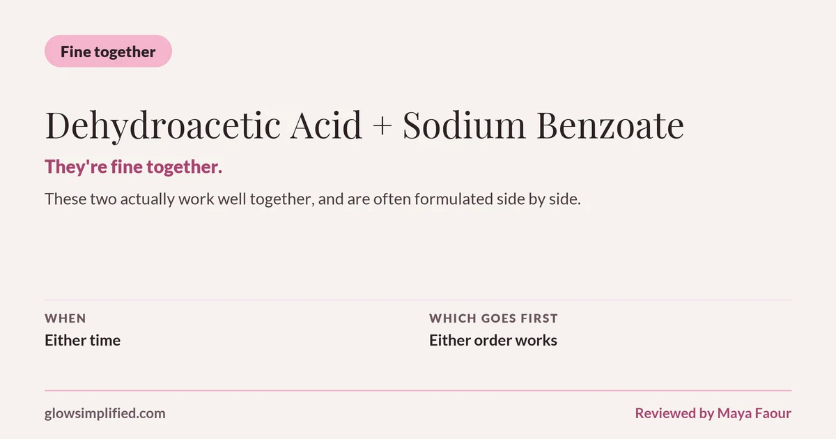 Dehydroacetic Acid and Sodium Benzoate: Fine together. They're fine together. These two actually work well together, and are often formulated side by side. Which goes first: Either order works.
