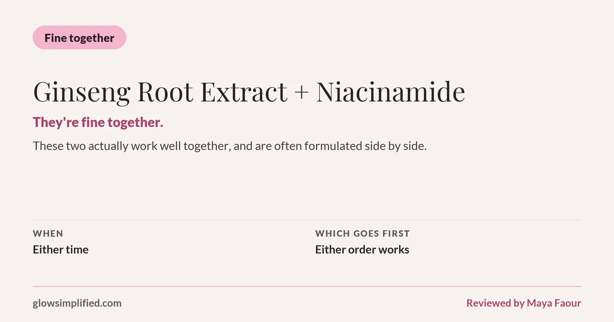 Ginseng Root Extract and Niacinamide: Fine together. They're fine together. These two actually work well together, and are often formulated side by side. Which goes first: Either order works.
