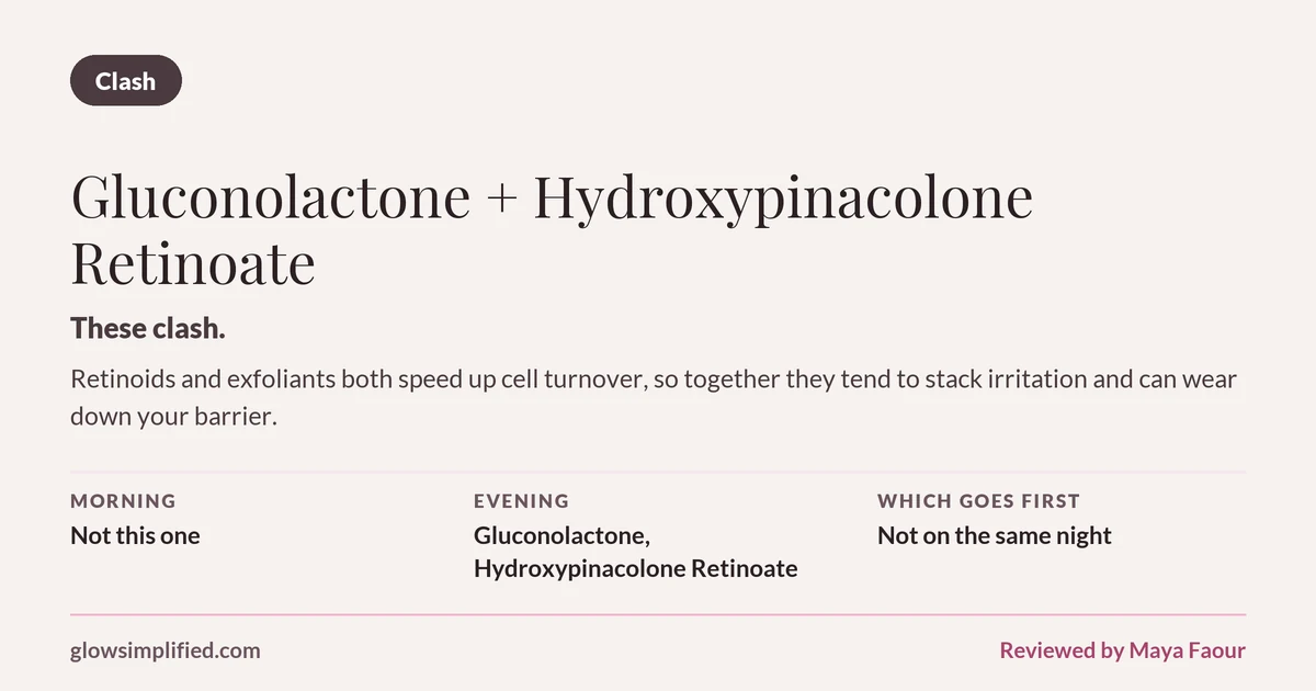 Gluconolactone and Hydroxypinacolone Retinoate: Clash. These clash. Retinoids and exfoliants both speed up cell turnover, so together they tend to stack irritation and can wear down your barrier. Which goes first: Not on the same night.