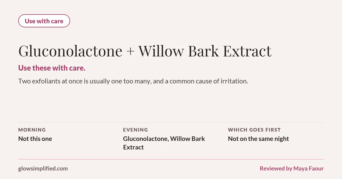 Gluconolactone and Willow Bark Extract: Use with care. Use these with care. Two exfoliants at once is usually one too many, and a common cause of irritation. Which goes first: Not on the same night.