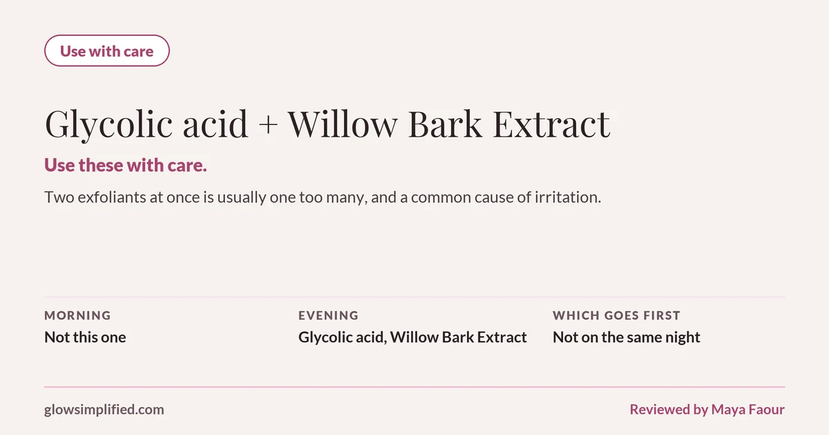 Glycolic acid and Willow Bark Extract: Use with care. Use these with care. Two exfoliants at once is usually one too many, and a common cause of irritation. Which goes first: Not on the same night.