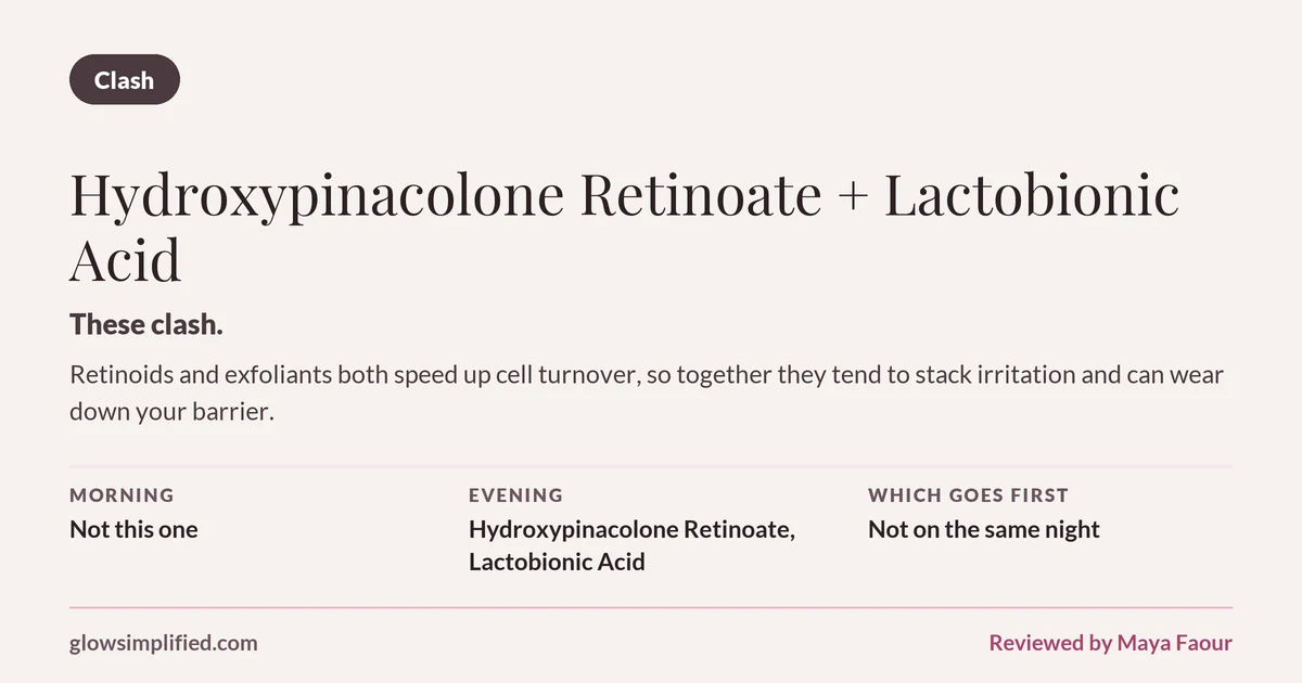 Hydroxypinacolone Retinoate and Lactobionic Acid: Clash. These clash. Retinoids and exfoliants both speed up cell turnover, so together they tend to stack irritation and can wear down your barrier. Which goes first: Not on the same night.