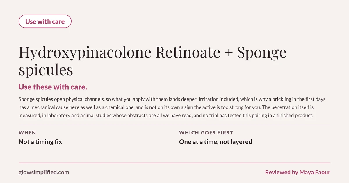 Hydroxypinacolone Retinoate and Sponge spicules: Use with care. Use these with care. Sponge spicules open physical channels, so what you apply with them lands deeper. Irritation included, which is why a prickling in the first days has a mechanical cause here as well as a chemical one, and is not on its own a sign the active is too strong for you. The penetration itself is measured, in laboratory and animal studies whose abstracts are all we have read, and no trial has tested this pairing in a finished product. Which goes first: One at a time, not layered.