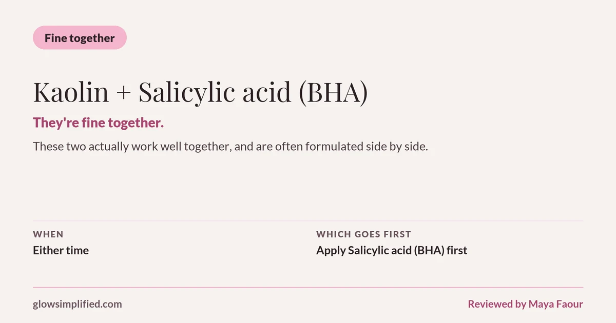 Kaolin and Salicylic acid (BHA): Fine together. They're fine together. These two actually work well together, and are often formulated side by side. Which goes first: Apply Salicylic acid (BHA) first.