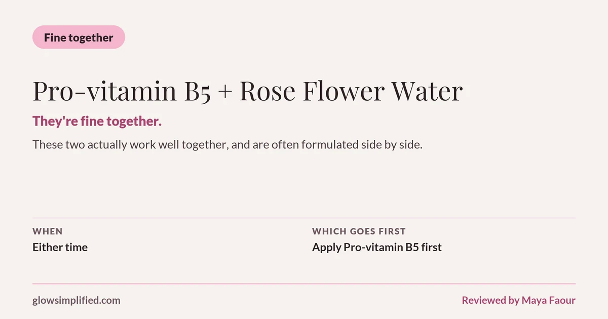 Pro-vitamin B5 and Rose Flower Water: Fine together. They're fine together. These two actually work well together, and are often formulated side by side. Which goes first: Apply Pro-vitamin B5 first.