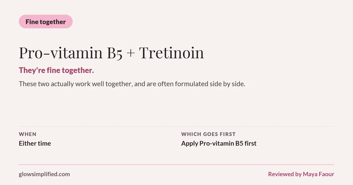 Pro-vitamin B5 and Tretinoin: Fine together. They're fine together. These two actually work well together, and are often formulated side by side. Which goes first: Apply Pro-vitamin B5 first.