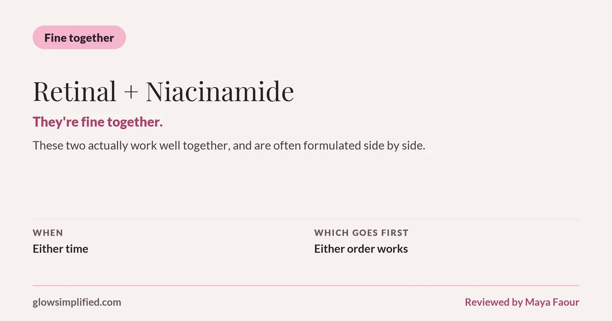 Retinal and Niacinamide: Fine together. They're fine together. These two actually work well together, and are often formulated side by side. Which goes first: Either order works.
