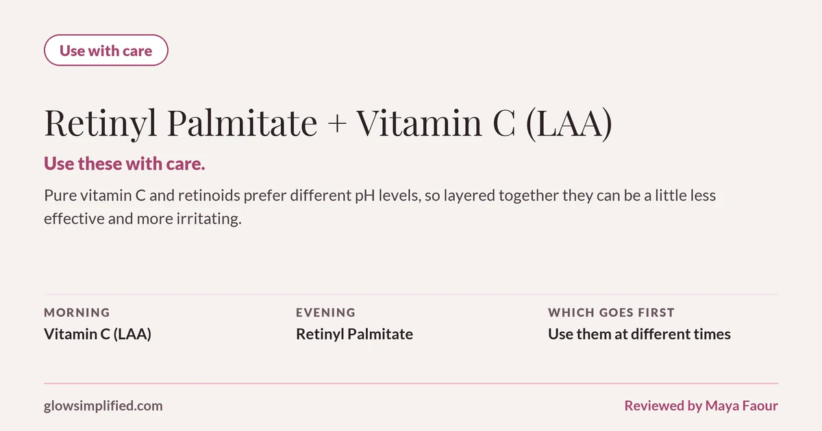 Retinyl Palmitate and Vitamin C (LAA): Use with care. Use these with care. Pure vitamin C and retinoids prefer different pH levels, so layered together they can be a little less effective and more irritating. Which goes first: Use them at different times.