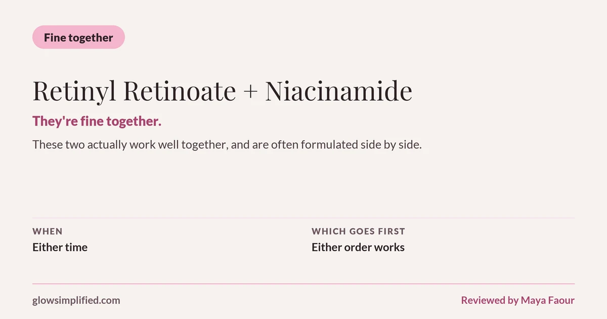 Retinyl Retinoate and Niacinamide: Fine together. They're fine together. These two actually work well together, and are often formulated side by side. Which goes first: Either order works.