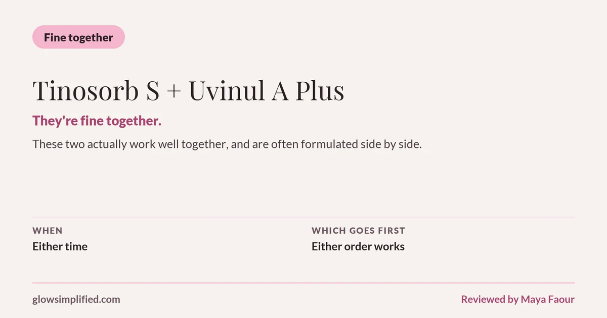 Tinosorb S and Uvinul A Plus: Fine together. They're fine together. These two actually work well together, and are often formulated side by side. Which goes first: Either order works.