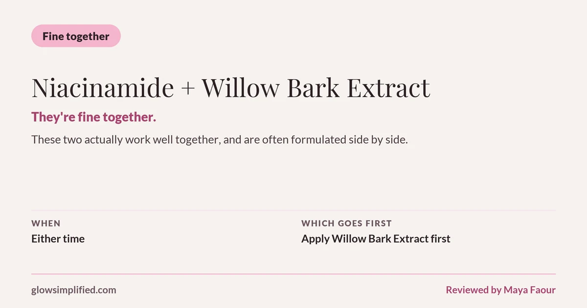 Niacinamide and Willow Bark Extract: Fine together. They're fine together. These two actually work well together, and are often formulated side by side. Which goes first: Apply Willow Bark Extract first.