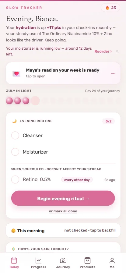 Glow Tracker app with streaks and progress photos