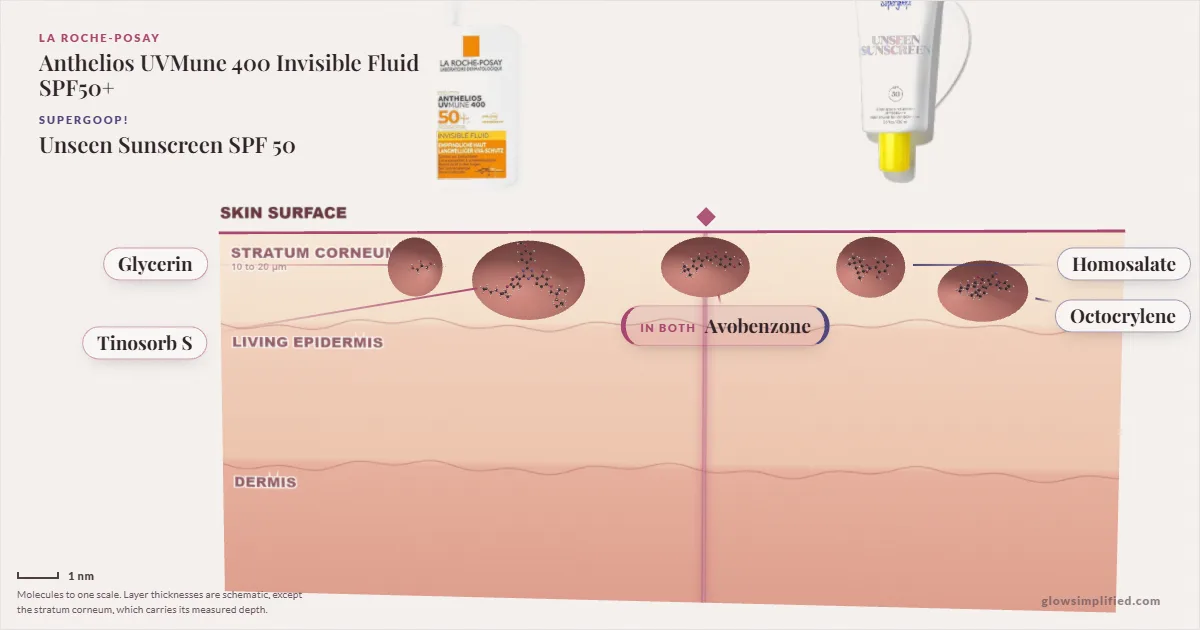 La Roche-Posay Anthelios UVMune 400 Invisible Fluid SPF50+ and Supergoop! Unseen Sunscreen SPF 50: their molecules drawn in one cross-section of skin, shared ingredients on the seam