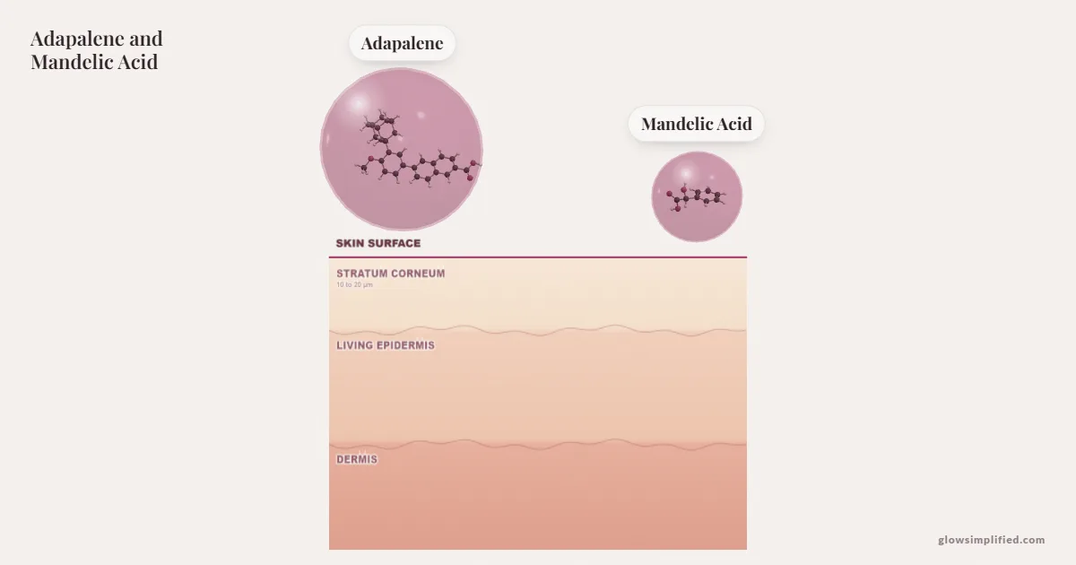 Adapalene and Mandelic Acid meeting on a cross-section of skin