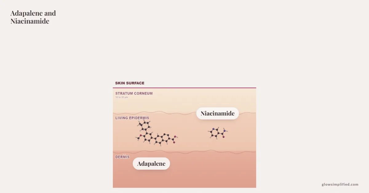 Adapalene and Niacinamide meeting on a cross-section of skin