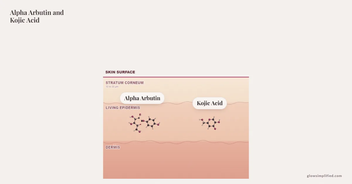 Alpha Arbutin and Kojic Acid meeting on a cross-section of skin