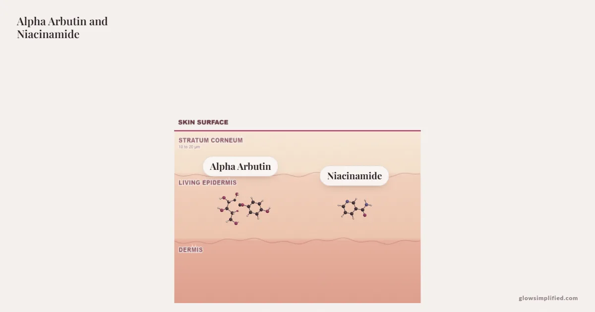 Alpha Arbutin and Niacinamide meeting on a cross-section of skin