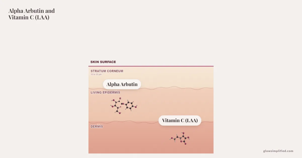 Alpha Arbutin and Vitamin C (LAA) meeting on a cross-section of skin