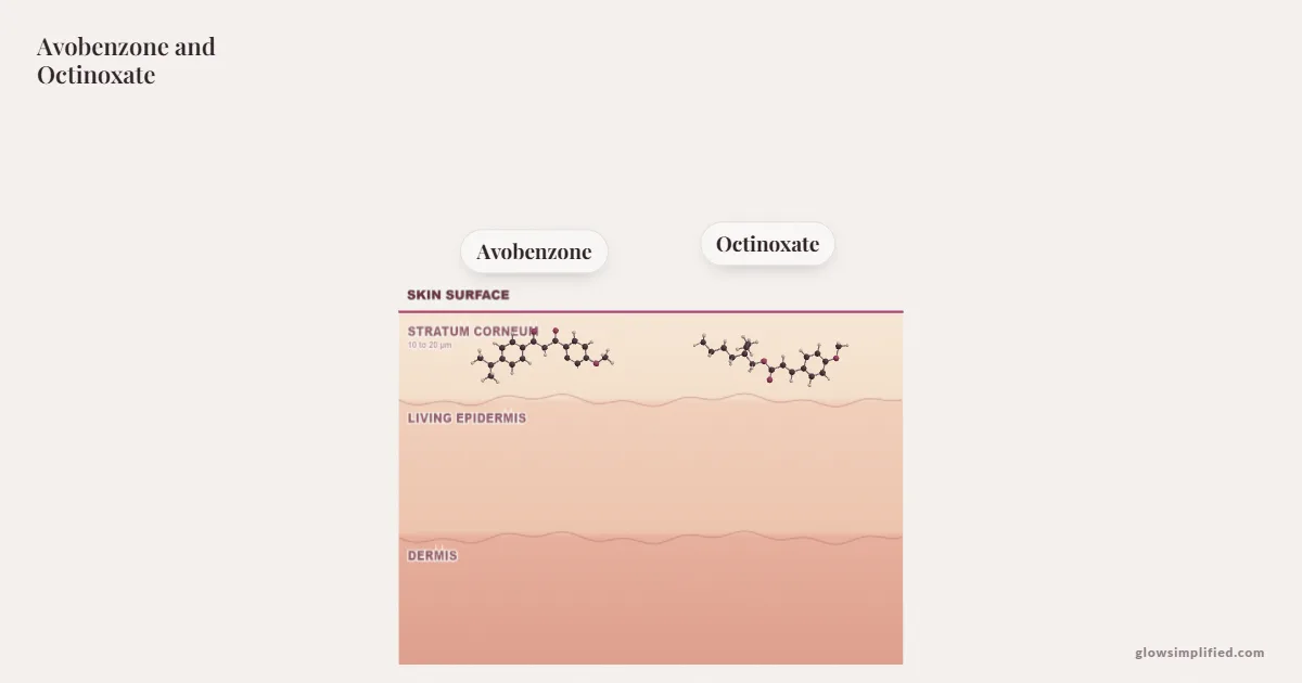 Avobenzone and Octinoxate meeting on a cross-section of skin