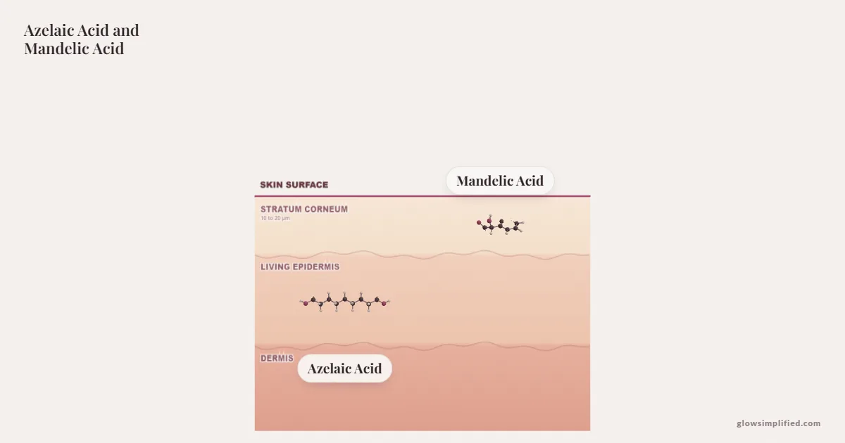 Azelaic Acid and Mandelic Acid meeting on a cross-section of skin