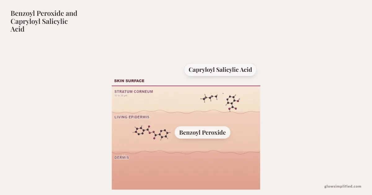Benzoyl Peroxide and Capryloyl Salicylic Acid meeting on a cross-section of skin