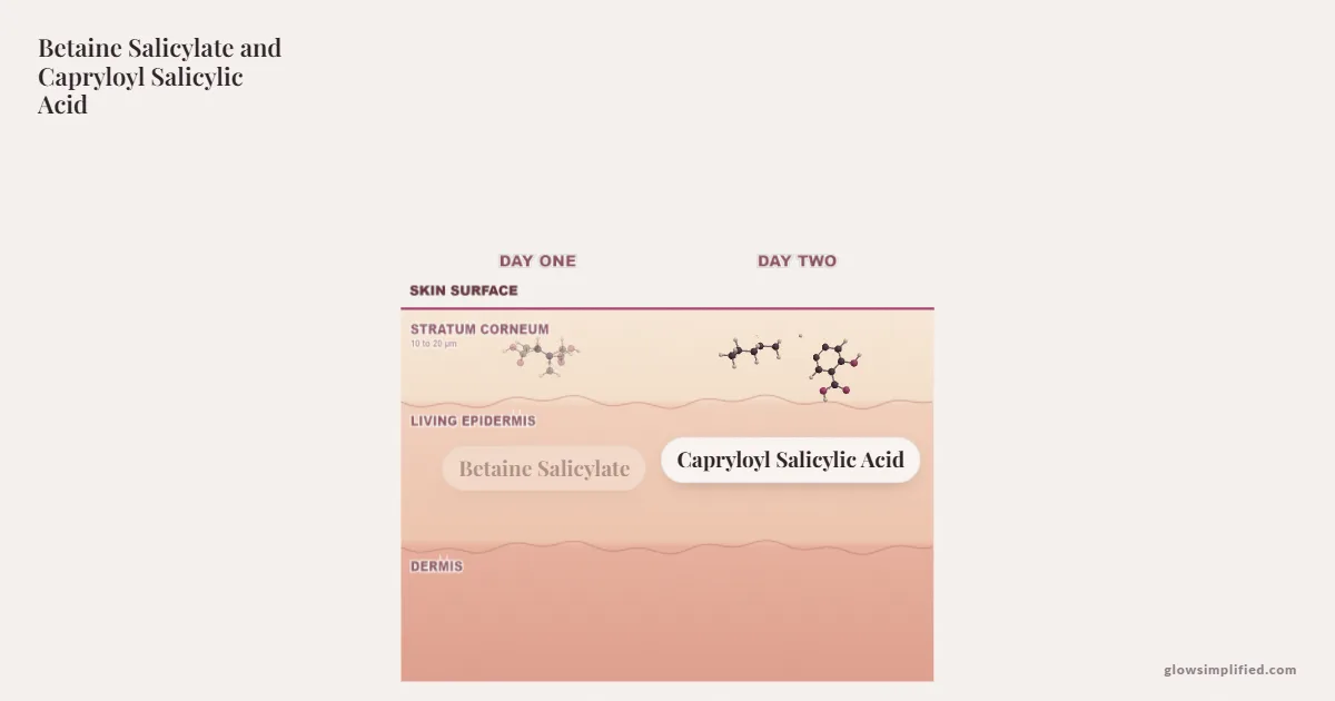 Betaine Salicylate and Capryloyl Salicylic Acid meeting on a cross-section of skin