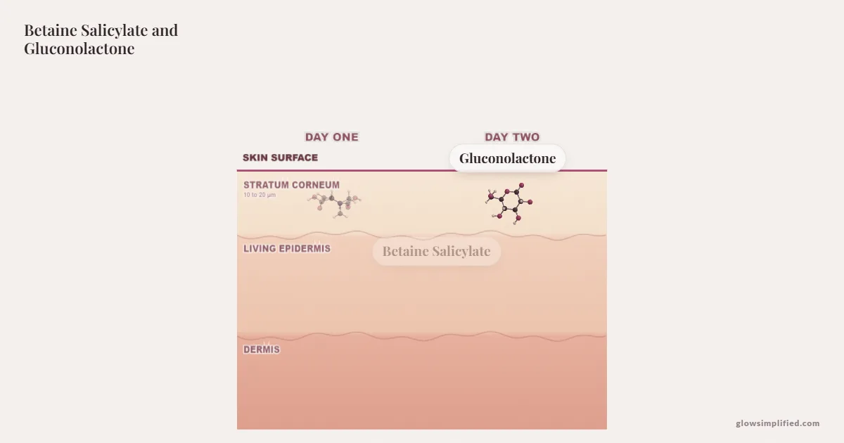 Betaine Salicylate and Gluconolactone meeting on a cross-section of skin