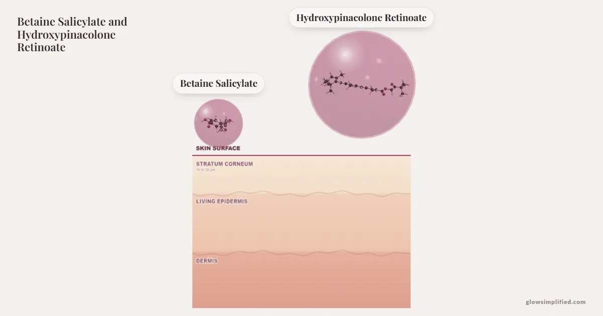 Betaine Salicylate and Hydroxypinacolone Retinoate meeting on a cross-section of skin