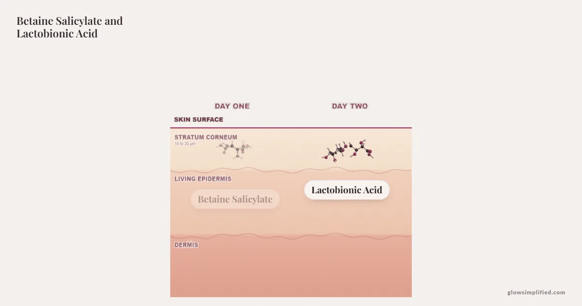 Betaine Salicylate and Lactobionic Acid meeting on a cross-section of skin